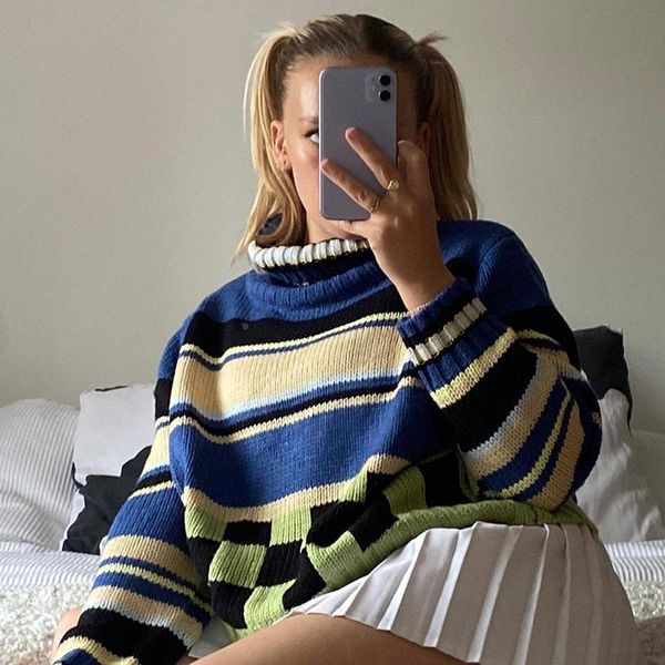 women's sweaters turtleneck neck knit long sleeve stripes plaid print fashion oversized pullovers loose fit, White;black
women's sweaters turtleneck neck knit long sleeve stripes plaid print fashion oversized pullovers loose fit, White;black