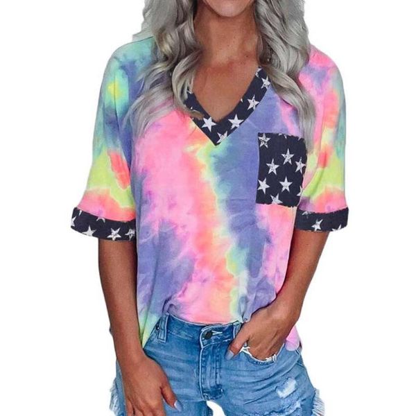 women's t-shirt tie-dye printed t-shirts casual v-neck pocket t shirt women stars printing summer tee gradient camisas de mujer, White
women's t-shirt tie-dye printed t-shirts casual v-neck pocket t shirt women stars printing summer tee gradient camisas de mujer, White