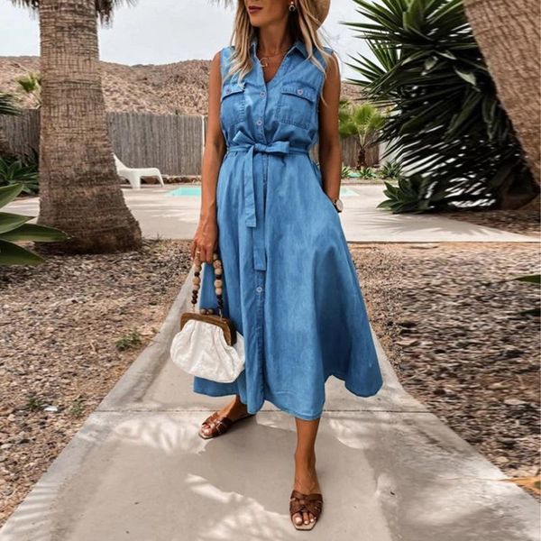 casual dresses summer long dress pockets button sleeveless lapel solid women v-neck blue denim #g3, Black;gray
casual dresses summer long dress pockets button sleeveless lapel solid women v-neck blue denim #g3, Black;gray