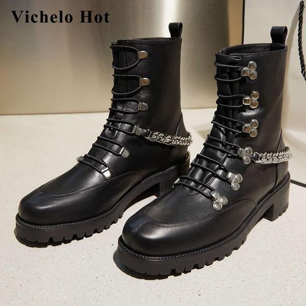 boots vichelo fashion natural leather chain decorations streetwear round toe med heel elastic band maiden ankle l16, Black
boots vichelo fashion natural leather chain decorations streetwear round toe med heel elastic band maiden ankle l16, Black