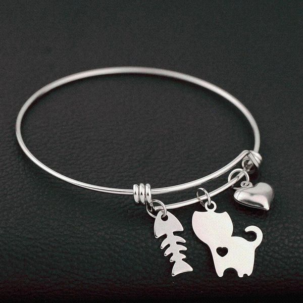 stainless steel lovely cat fish bone silver color open bangle cute heart pendant beach bracelet for women daily jewelry, Black
stainless steel lovely cat fish bone silver color open bangle cute heart pendant beach bracelet for women daily jewelry, Black