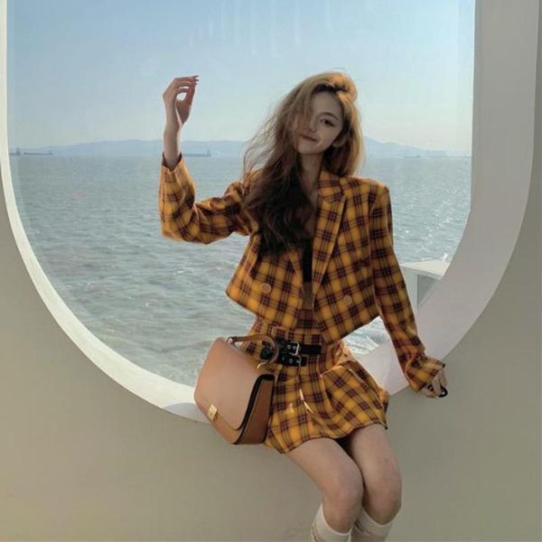 work dresses 2021 korean fashion elegant 2 piece set women plaid long sleeve vintage double breasted blazer slim a-line mini skirts suits, White;black
work dresses 2021 korean fashion elegant 2 piece set women plaid long sleeve vintage double breasted blazer slim a-line mini skirts suits, White;black