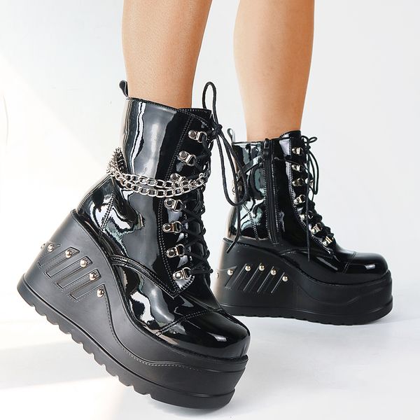2022 trendy round toe platform high wedges zipper gothic punk womens boots rivet lace up black cool women shoes
2022 trendy round toe platform high wedges zipper gothic punk womens boots rivet lace up black cool women shoes