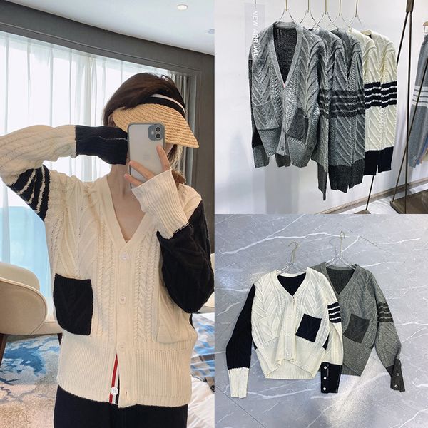 2021 winter thick thread stick needle twist four bar sweater coat women's loose tb college style color contrast knitted cardigan, White
2021 winter thick thread stick needle twist four bar sweater coat women's loose tb college style color contrast knitted cardigan, White