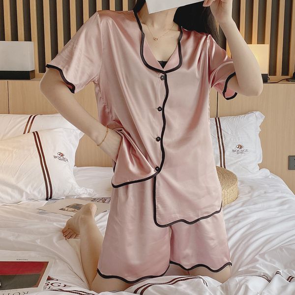ice silk cardigan short sleeve pajamas women's summer sweet home suit, Black;red
ice silk cardigan short sleeve pajamas women's summer sweet home suit, Black;red