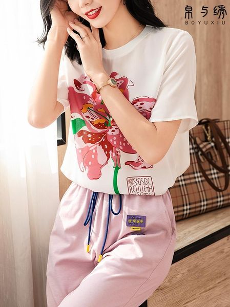 women's t-shirt spring fashion blouse shirt ol causal loose digital print printed floral mulberry silk women, White
women's t-shirt spring fashion blouse shirt ol causal loose digital print printed floral mulberry silk women, White