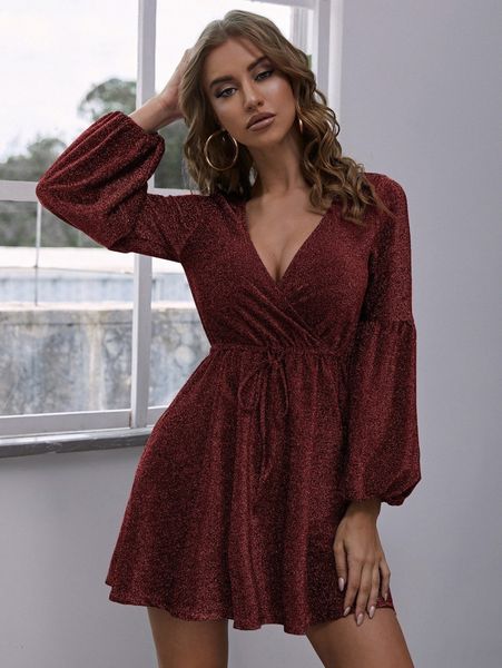 surplice neck lantern sleeve drawstring waist glitter dress 71eq#, Black;gray
surplice neck lantern sleeve drawstring waist glitter dress 71eq#, Black;gray