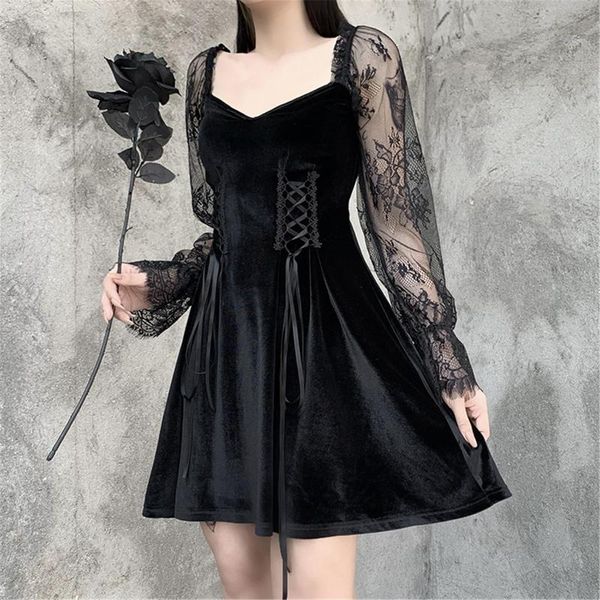 gothic style woman dress black lace long sleeve v-neck a-line dresses elegant party club clubwear summer vestido de mujer casual, Black;gray
gothic style woman dress black lace long sleeve v-neck a-line dresses elegant party club clubwear summer vestido de mujer casual, Black;gray