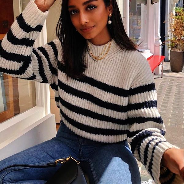women's sweaters fashion black white stripe knitted sweater women 2021 autumn winter o neck loose long sleeve pullover casual home styl, White;black
women's sweaters fashion black white stripe knitted sweater women 2021 autumn winter o neck loose long sleeve pullover casual home styl, White;black