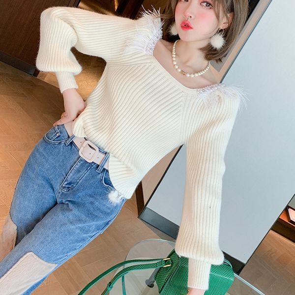 knits slash neck sweater crop slim women fashion white pullover spring knitted beaded feathers clavicle collar sweaters
knits slash neck sweater crop slim women fashion white pullover spring knitted beaded feathers clavicle collar sweaters