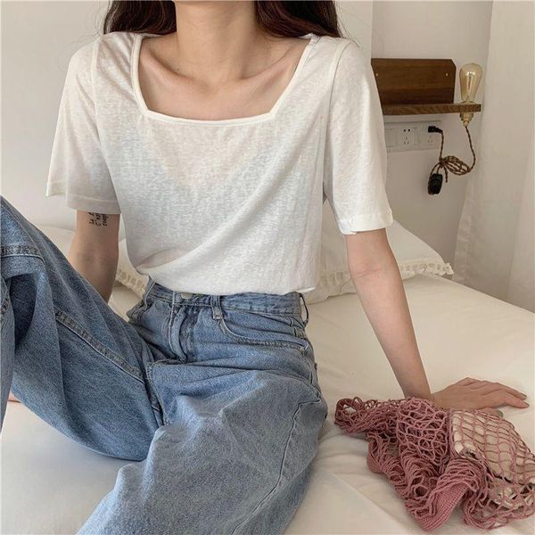 women's t-shirt short-sleeved summer loose solid square collar t-shirts soft short women 2021 streetwear clothes, White
women's t-shirt short-sleeved summer loose solid square collar t-shirts soft short women 2021 streetwear clothes, White