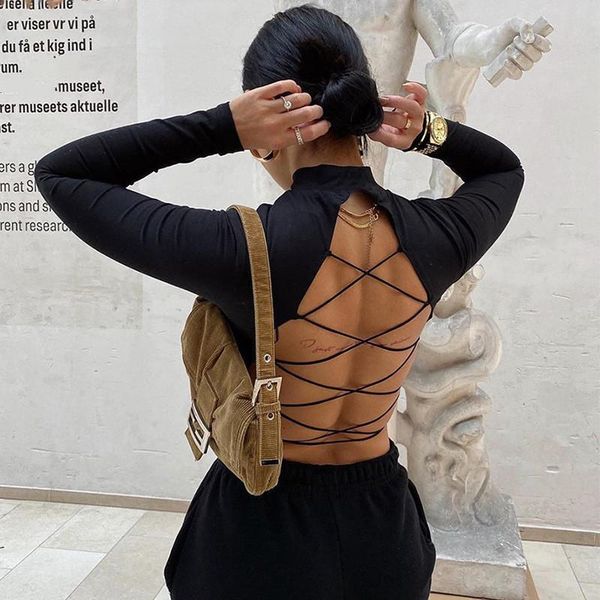 women's t-shirt 2021 summer ins halter cross tie long-seeved tight-fitting bungee high-waisted navel top, White
women's t-shirt 2021 summer ins halter cross tie long-seeved tight-fitting bungee high-waisted navel top, White