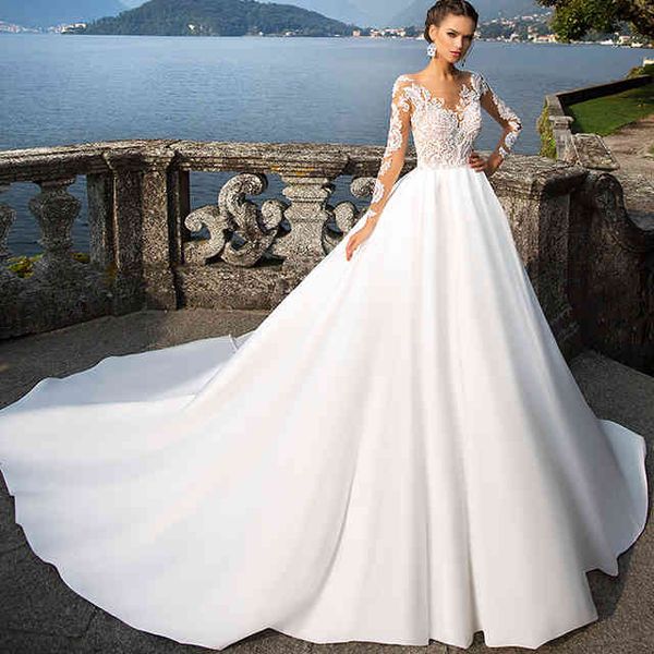 gorgeous chapel train a line satin wedding dresses with sheer long sleeve lace appliques bridal gown vestido de noiva brautkleid, White
gorgeous chapel train a line satin wedding dresses with sheer long sleeve lace appliques bridal gown vestido de noiva brautkleid, White
