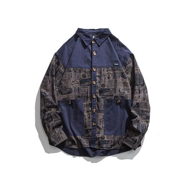 men's casual shirts 2021 japanese spring autumn shirt spaper printing stitching long-sleeved for men clothing, White;black
men's casual shirts 2021 japanese spring autumn shirt spaper printing stitching long-sleeved for men clothing, White;black