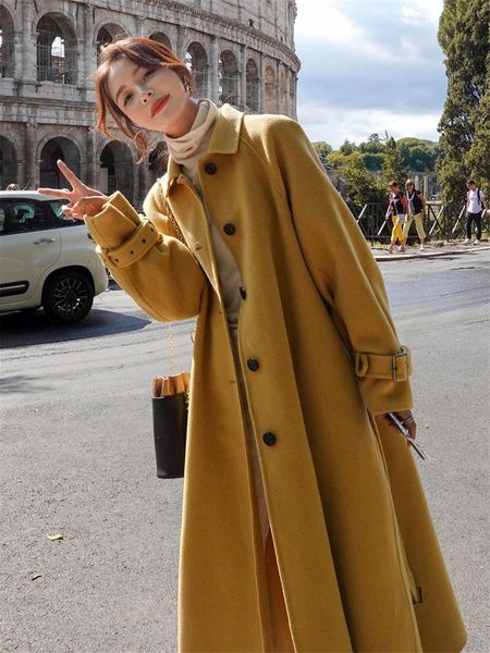 women's wool & blends korean style loose mid-length yellow woolen coat women thickened autumn and winter temperament blend windbreaker, Black
women's wool & blends korean style loose mid-length yellow woolen coat women thickened autumn and winter temperament blend windbreaker, Black