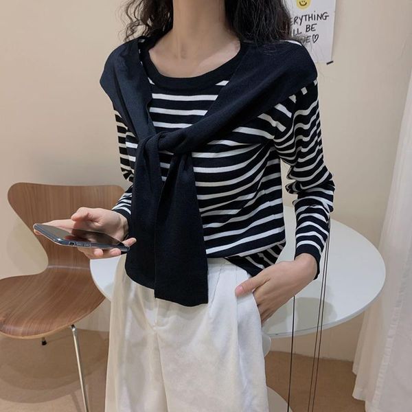 women's sweaters knitted long sleeve fake two-piece women sweater striped o neck slim pullover ladies spring autumn korean pull femme, White;black 
women's sweaters knitted long sleeve fake two-piece women sweater striped o neck slim pullover ladies spring autumn korean pull femme, White;black