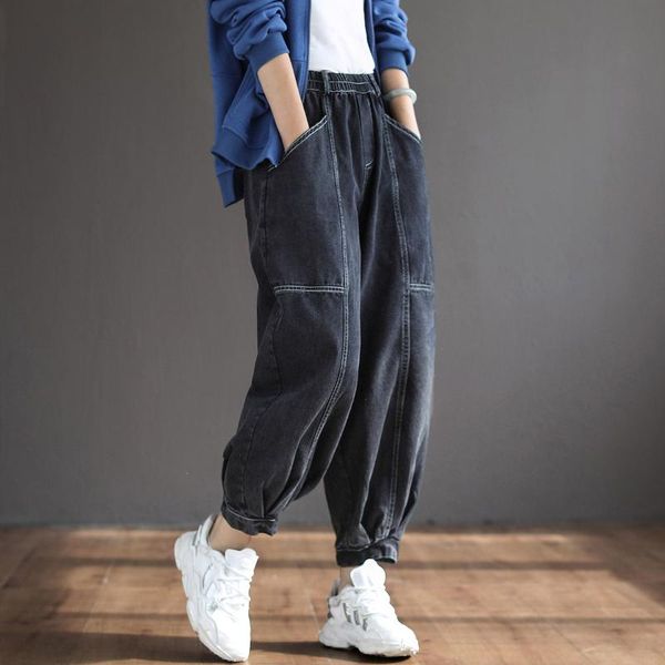 women's jeans women cotton pockets thin loose retro straight elastic waist streetwear fashion denim trousers, Blue
women's jeans women cotton pockets thin loose retro straight elastic waist streetwear fashion denim trousers, Blue