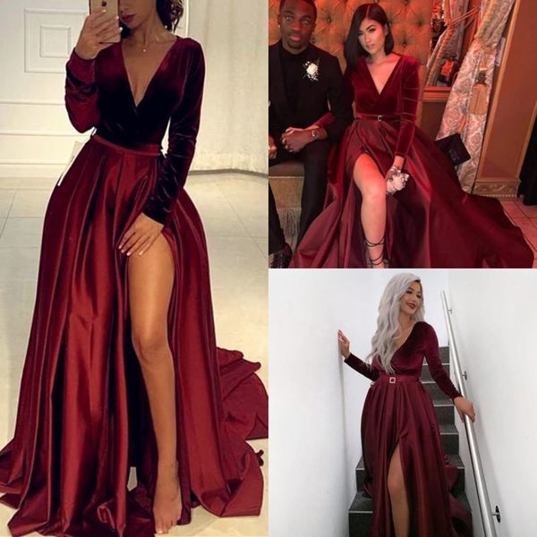 new arrival long sleeves evening dresses velvet v-neck winter women formal gowns burgundy satin party dress side slit vestidos de fiesta, Black;red
new arrival long sleeves evening dresses velvet v-neck winter women formal gowns burgundy satin party dress side slit vestidos de fiesta, Black;red