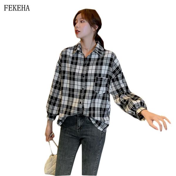 women's blouses & shirts plaid womens and spring loose ladies clothes single pocket red black checked outwear, White
women's blouses & shirts plaid womens and spring loose ladies clothes single pocket red black checked outwear, White