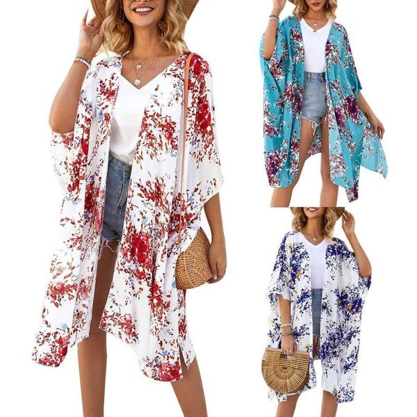 women floral sun protection half sleeve loose front open coverup cardigan blouse women's swimwear, White;black
women floral sun protection half sleeve loose front open coverup cardigan blouse women's swimwear, White;black