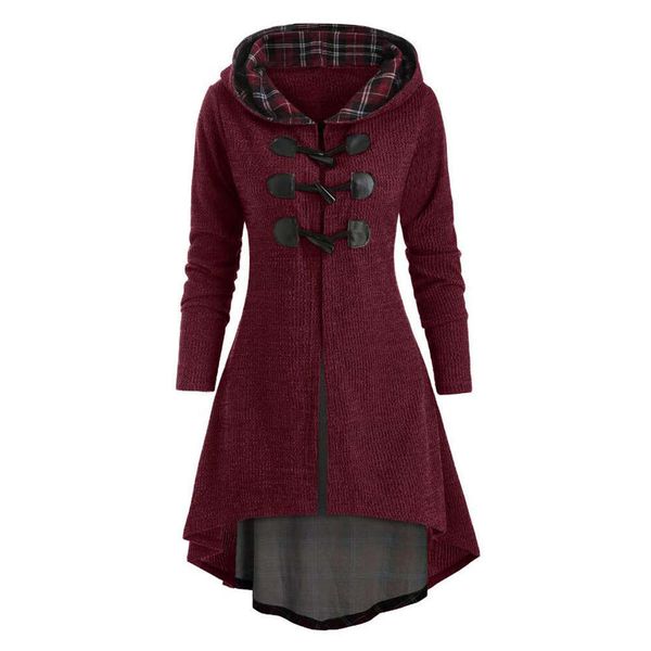 large long sleeve bandage plaid stitched horn hooded cardigan coat, Black;brown
large long sleeve bandage plaid stitched horn hooded cardigan coat, Black;brown