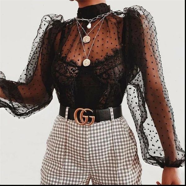 mesh sheer polka dot womens shirts print long sleeve hollow thin lace bottoming see thought blouses 2 colors, White
mesh sheer polka dot womens shirts print long sleeve hollow thin lace bottoming see thought blouses 2 colors, White