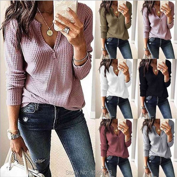 v neck solid women long sleeve waffle knit loose, White