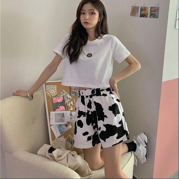 women short summer cow print shorts high waist harajuku wide leg girls casual solid t shirts and set suit, White;black
women short summer cow print shorts high waist harajuku wide leg girls casual solid t shirts and set suit, White;black