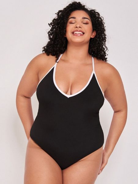plus contrast binding one piece swimsuit p0cz#, Black