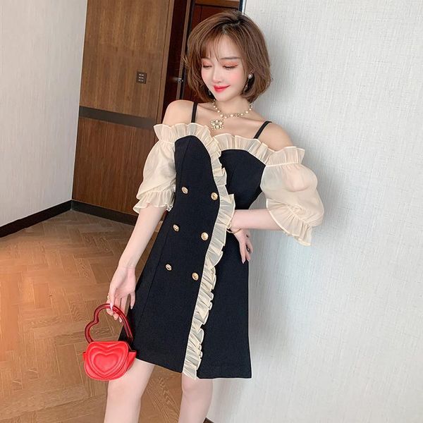 casual dresses awarose 2021 strapless sling ruffle mesh patchwork black dress women summer elaegant mini ladies clothes, Black;gray
casual dresses awarose 2021 strapless sling ruffle mesh patchwork black dress women summer elaegant mini ladies clothes, Black;gray