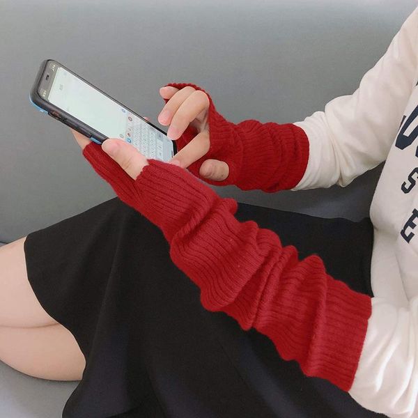 five fingers gloves fashion arm warmer fingerless knited long sleeve mitten wrist with thumb hole for women, Blue;gray