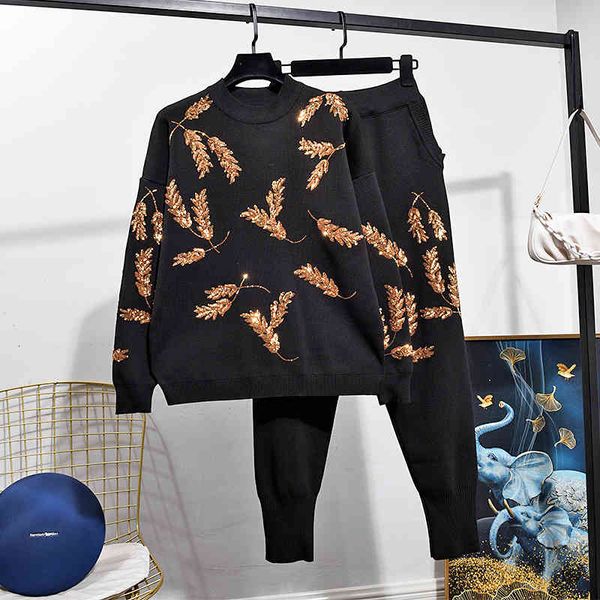 pant fashion black knitted outfits women tracksuits manual gold sequins leaf sweater long pants two piece set female loose knit suit, White
pant fashion black knitted outfits women tracksuits manual gold sequins leaf sweater long pants two piece set female loose knit suit, White