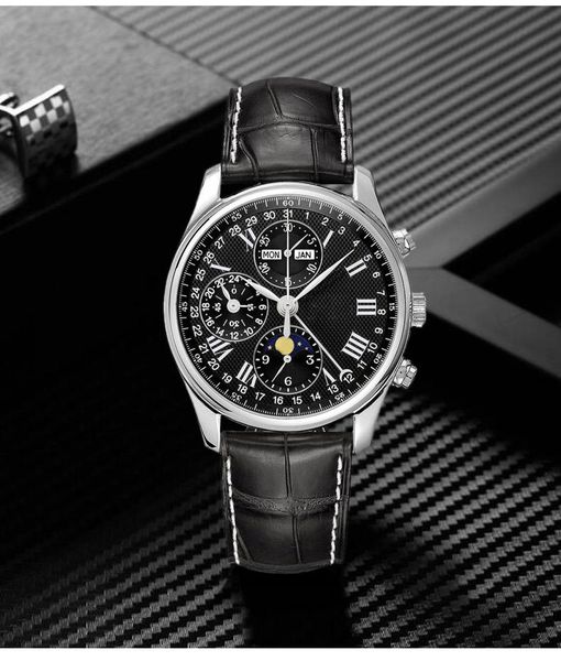 wristwatches men watch stainless steel sapphire glass back automatic mechanical brown leather date calendar moon phase, Slivery;brown
wristwatches men watch stainless steel sapphire glass back automatic mechanical brown leather date calendar moon phase, Slivery;brown
