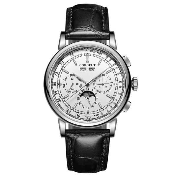 corgeut 42mm men's mechanical watch white dial 316l case moon phase calendar multifunction leather strap automatic male wristwatches, Slivery;brown
corgeut 42mm men's mechanical watch white dial 316l case moon phase calendar multifunction leather strap automatic male wristwatches, Slivery;brown