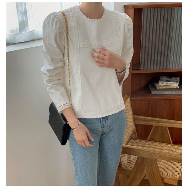 women's blouses & shirts lamtrip korean chic niche french round neck three-dimensional lace stitching loose solid color bubble sle, White
women's blouses & shirts lamtrip korean chic niche french round neck three-dimensional lace stitching loose solid color bubble sle, White