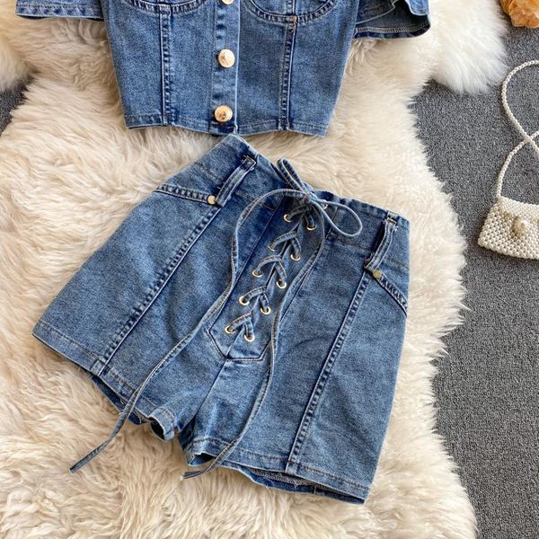 women's tracksuits fashion 2021 design stylish buttons drawstring denim jeans sets crop bandage shorts summer clothing suit, Gray
women's tracksuits fashion 2021 design stylish buttons drawstring denim jeans sets crop bandage shorts summer clothing suit, Gray