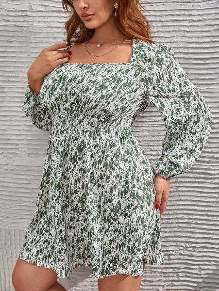 plus allover print shirred waist lantern sleeve square neck dress f4wx#, Black 
plus allover print shirred waist lantern sleeve square neck dress f4wx#, Black
