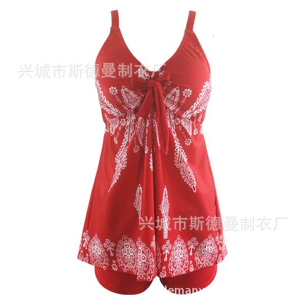 Image of 19 year digital printing suspender open back belly covering women&#039;s swimsuit large split two-piece set with high waist and flat