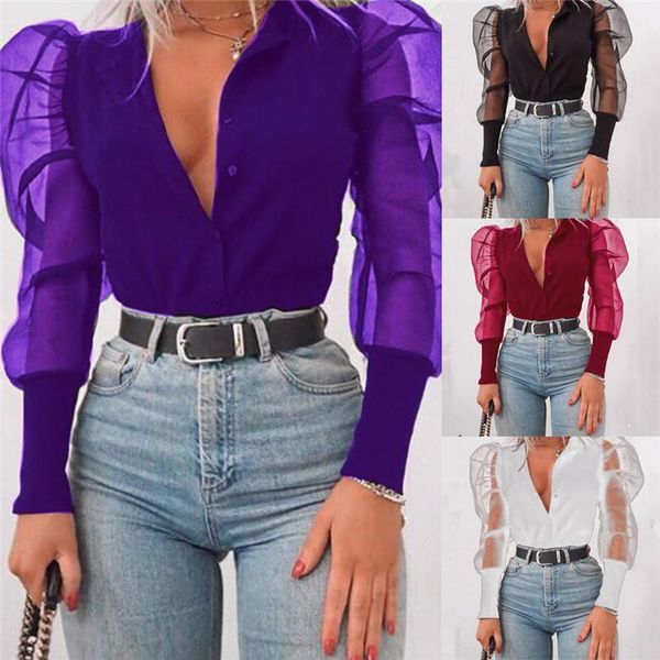 women's t-shirt womens button neck tulle ruffle ladies casual long sleeve 4 colors, White
women's t-shirt womens button neck tulle ruffle ladies casual long sleeve 4 colors, White