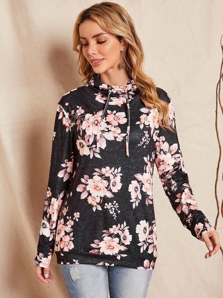 floral print drawstring sweatshirt c34z#, White;black 
floral print drawstring sweatshirt c34z#, White;black