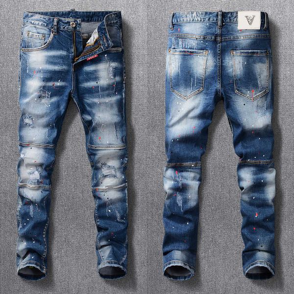 men's jeans streetwear fashion painted designer retro blue elastic slim fit ripped spliced hip hop denim biker pants zdzx
men's jeans streetwear fashion painted designer retro blue elastic slim fit ripped spliced hip hop denim biker pants zdzx