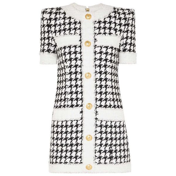 est fall winter designer dress women's short sleeve fringed houndstooth tweed 210526, Black;gray
est fall winter designer dress women's short sleeve fringed houndstooth tweed 210526, Black;gray