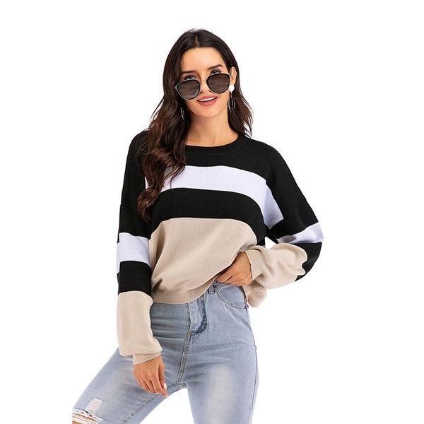 women's sweaters european and american cross border color matching leisure long sleeve knitwear round neck loose sweater, White;black
women's sweaters european and american cross border color matching leisure long sleeve knitwear round neck loose sweater, White;black