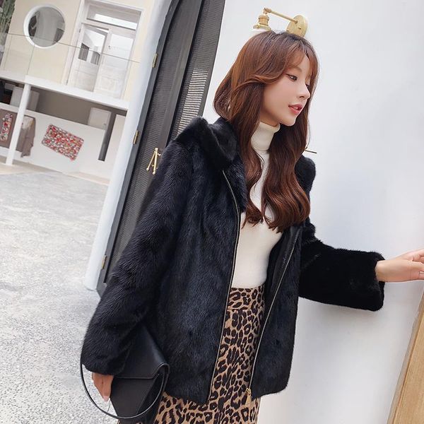 women's fur & faux women real mink coat natural short style hooded mlnk jacket winter outerwear zipper female, Black 
women's fur & faux women real mink coat natural short style hooded mlnk jacket winter outerwear zipper female, Black