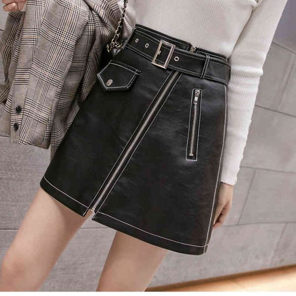 Skirts skirts Autumn Black PU A-line Motorcycel Slim HIp Zipper Short Faux Leather S 4HS8