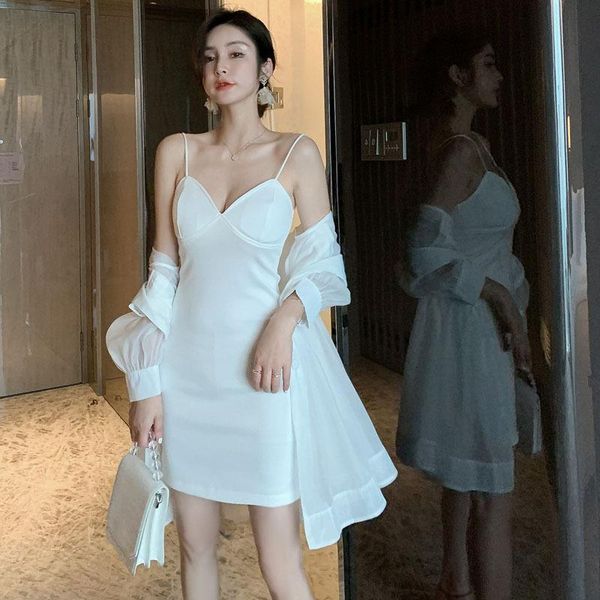 casual dresses 2021 summer 2 piece set women suit long sleeve mesh shirt and elegant spaghetti strap dress lady two vestidos, Black;gray
casual dresses 2021 summer 2 piece set women suit long sleeve mesh shirt and elegant spaghetti strap dress lady two vestidos, Black;gray
