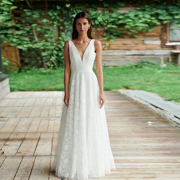other wedding dresses simple beach dress v neck sleeveless lace tulle floor length boho bohemian custom made, White
other wedding dresses simple beach dress v neck sleeveless lace tulle floor length boho bohemian custom made, White