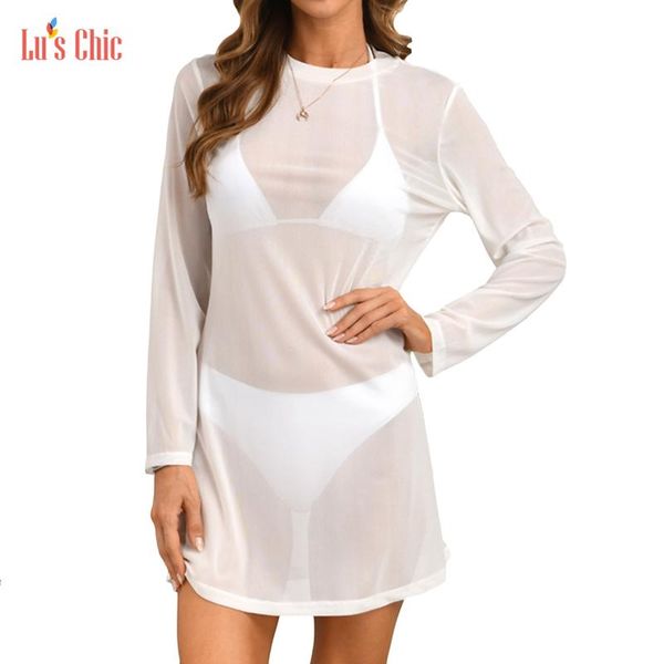 women's swimwear lu's chic sheer mesh tunic chiffon crewneck summer beach dress cover up swimsuit transparent bathing swim see thr, White;black
women's swimwear lu's chic sheer mesh tunic chiffon crewneck summer beach dress cover up swimsuit transparent bathing swim see thr, White;black