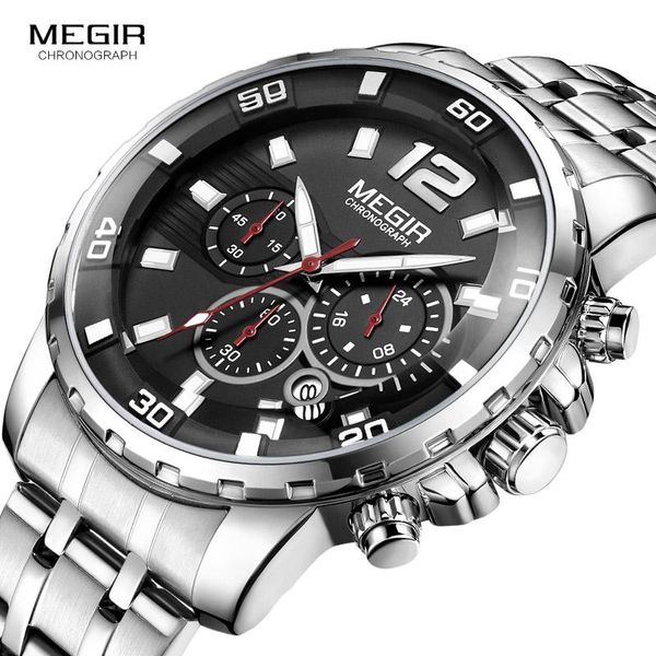 

wristwatches megir men's chronograph quartz watches stainless steel analogue wristwatch for man 24-hour display waterproof luminous, Slivery;brown