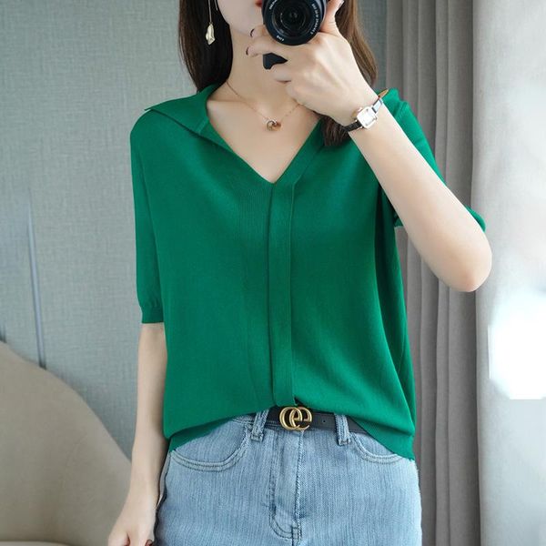 women's t-shirt 2021 summer cotton knitted sweater loose solid color full half-sleeved top, White
women's t-shirt 2021 summer cotton knitted sweater loose solid color full half-sleeved top, White